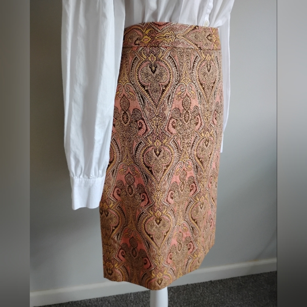 Talbots Cotton Silk Tapestry Brocade Pencil Skirt Pastel Pink Metallic Size 14P - Picture 5 of 16